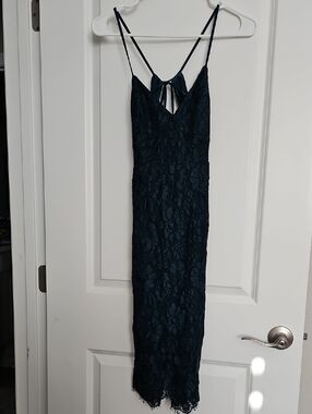 Lulu's Dark Teal Lace Midi Dress with Spaghetti Straps